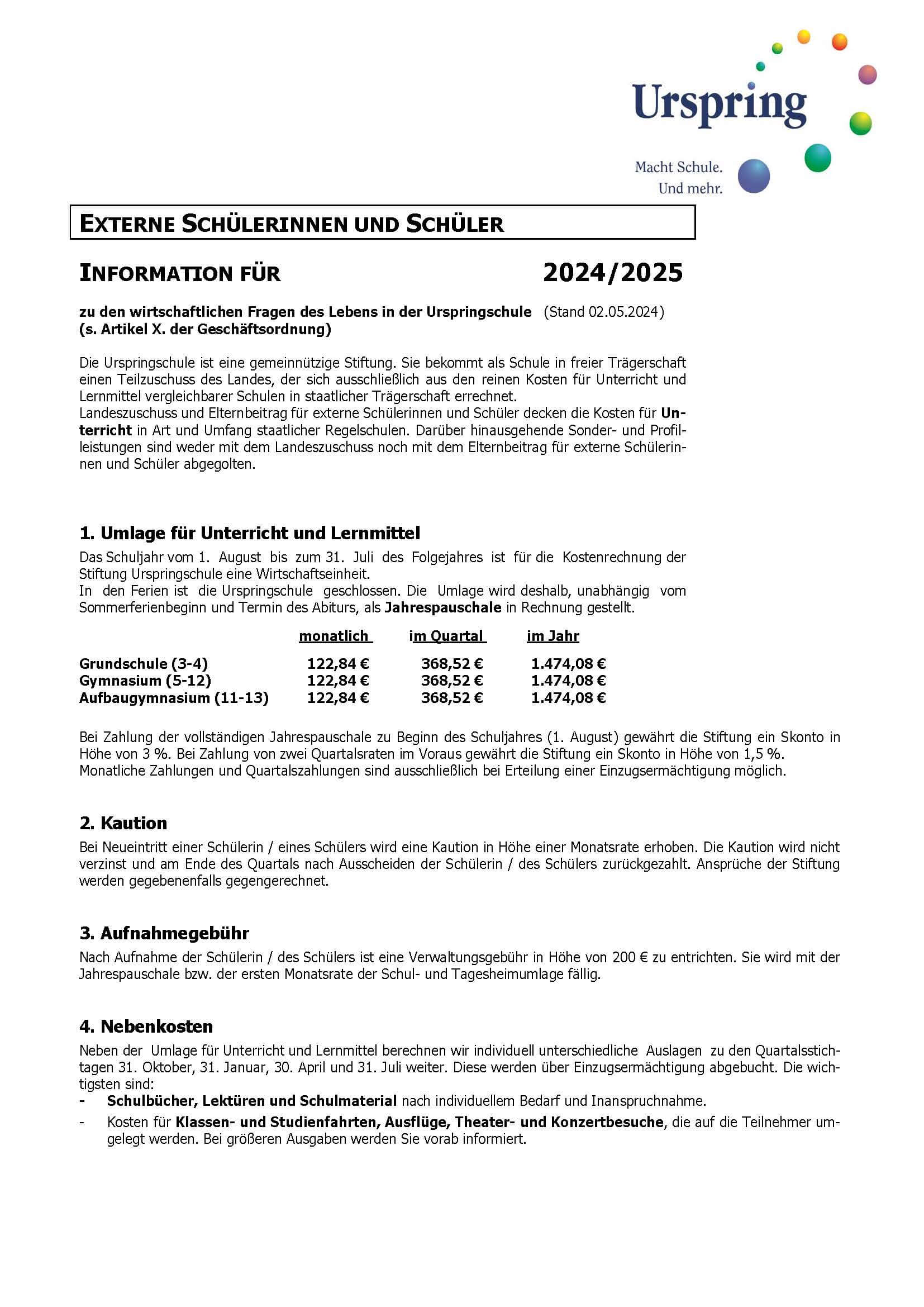 Kostenübersicht für externe Schüler 2024 / 2025